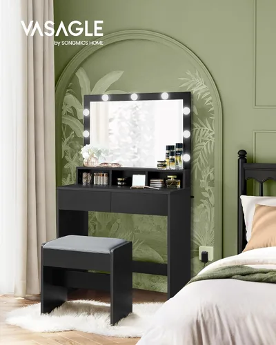 Miniatura 2 de VASAGLE Escritorio de tocador con espejo y luces, tocador de maquillaje con taburete tapizado, 9 luces LED regulables, 3 compartimentos, 2 cajones