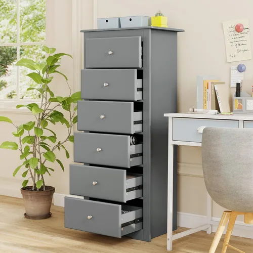 Miniatura 7 de Giantex Cómoda de 6 cajones para dormitorio, cómoda de madera con tiradores de metal y gran capacidad, 16" P x 23" A x 53.5" Al, organizador de Gris