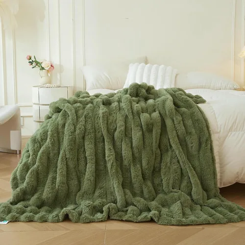 Miniatura 13 de MEGO Manta mullida de piel sintética de conejo, manta mullida de lujo con rayas acanaladas para cama, sofá, silla, manta peluda color marfil
