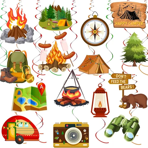 36 espirales colgantes para fiesta de campista, remolinos de fiesta temática de campamento, remolinos de verano, campamento de aventura, tienda de