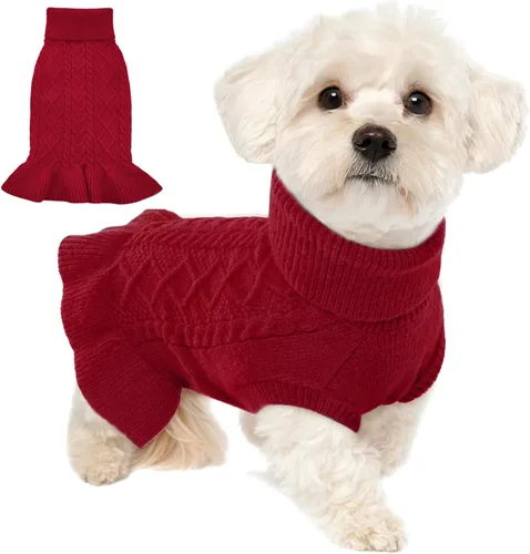 Miniatura 9 de Lelepet Suéter para perro, cuello alto, sudadera de punto trenzado, vestido cálido para perros pequeños, medianos y grandes, suéter de otoño, pug