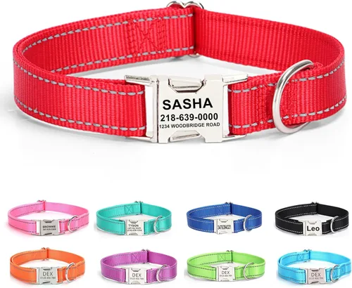 Miniatura 20 de Collar de perro personalizado con etiqueta de nombre, collar de nailon reflectante para mascotas, collares de perro con hebilla grabada Rosa