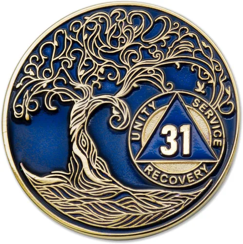 Miniatura 64 de 20 Year Sobriety Mint Twisted Tree of Life - Medallón de recuperación AA chapado en oro, fichas y fichas, color negro