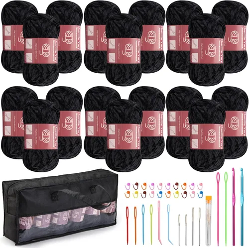 Miniatura 11 de LUNARM Hilado de chenilla para tejer y hacer ganchillo, 3 madejas de 240 metros de hilo grueso, suave y voluminoso, para tejer mantas, ropa y Beige