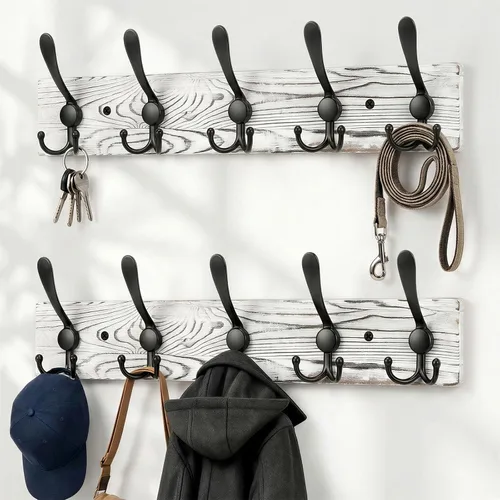 Miniatura 8 de Perchero de madera resistente para pared, paquete de 2 perchas de pared con 5 ganchos triples para ropa, chaqueta, sombrero, llaves, organizador