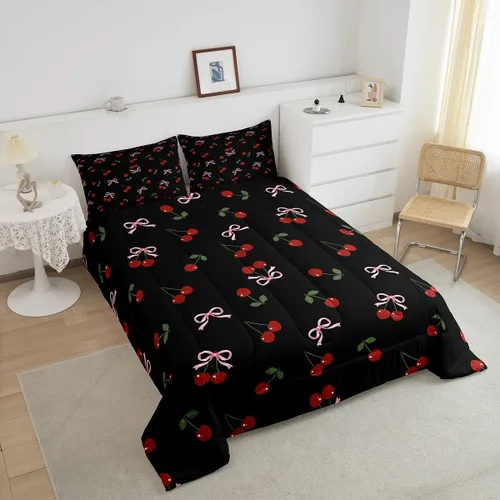 Miniatura 4 de Feelyou Juego de ropa de cama con lazos bonitos y cerezos, tamaño individual, para niños, juego de edredón con lazos de acuarela para niños, niñas