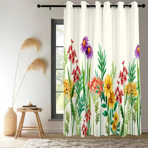 Miniatura 4 de Renaiss Cortinas de flores de 21 x 45 pulgadas, cortinas opacas botánicas con ojales para ventana, estampado de hojas y flores, flores silvestres