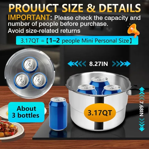 Miniatura 3 de Olla a presión pequeña de aluminio de 3.18 cuartos de galón, olla de presión, compatible con todas las estufas de inducción, mini olla a presión