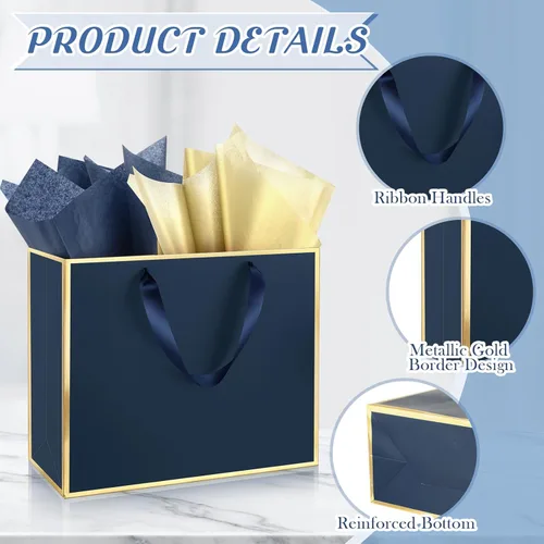 Miniatura 3 de ReliThick Paquete de 12 bolsas de regalo de papel metálico con asas y papel de seda de 11.8 x 10 x 4 pulgadas, bolsa de agradecimiento para Azul