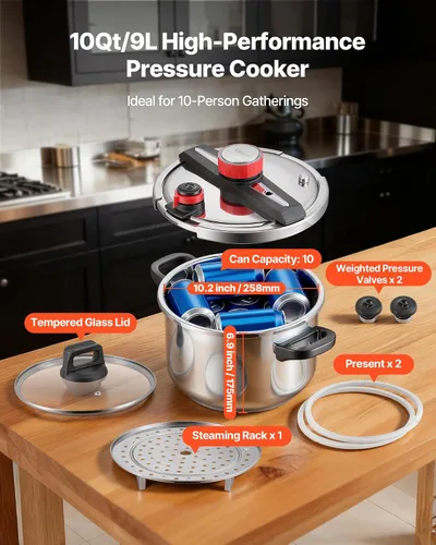 Miniatura 4 de VEVOR Olla a presión, olla a presión de 10 cuartos de galón, acero inoxidable, recipiente a presión con estante para vapor, tapa de vidrio templado