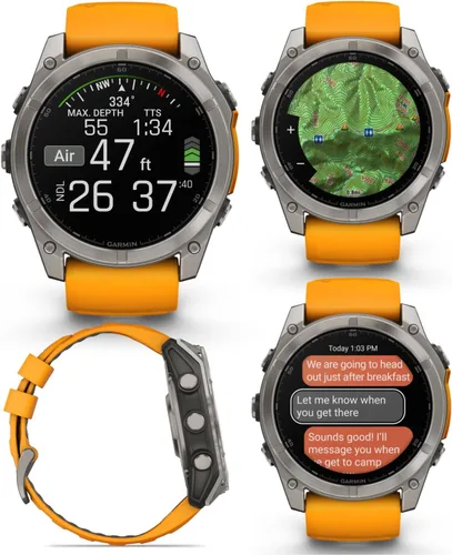 Miniatura 3 de Garmin Fenix 8 – 2 pulgadas, reloj inteligente multideporte GPS AMOLED, zafiro, titanio con banda de silicona naranja brillante/grafito, linterna
