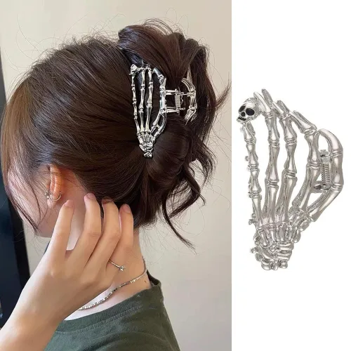 Pinzas de pelo de aleación de calavera – Divertidas pinzas punk, agarre fuerte para cabello grueso y fino, accesorios de metal plateado