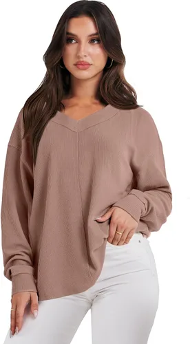 Miniatura 6 de ANRABESS Camisas de manga larga de gran tamaño para mujer, sudadera con hombros descubiertos, holgada, cuello en V, suéter alto y bajo 2025