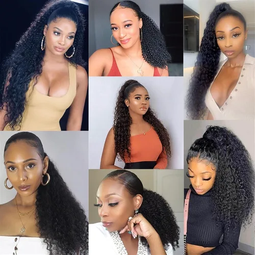 Miniatura 8 de Extensiones de cabello rizado con cola de caballo de 12 a 26 pulgadas, extensiones de cabello real con cola de caballo rizada, para mujeres negras