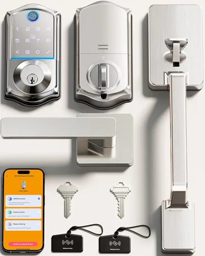 Veise VE017-D Cerradura inteligente de huella digital para puerta delantera, control por aplicación, cerradura de cerrojo sin llave 7-en-1 con