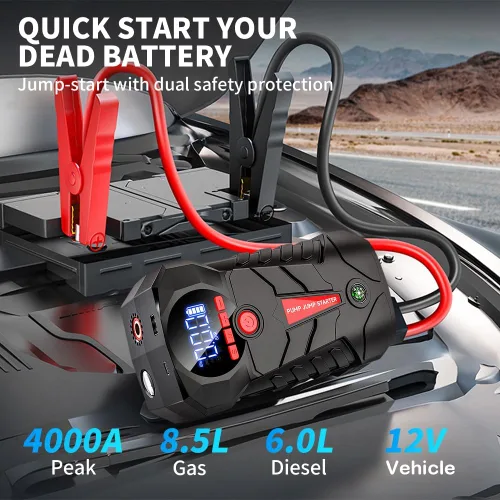 Miniatura 2 de Arrancador con compresor de aire, refuerzo de batería de coche portátil de 4000A, caja de arranque de batería de coche 4 en 1 (8.5L Gas/6L Diesel)