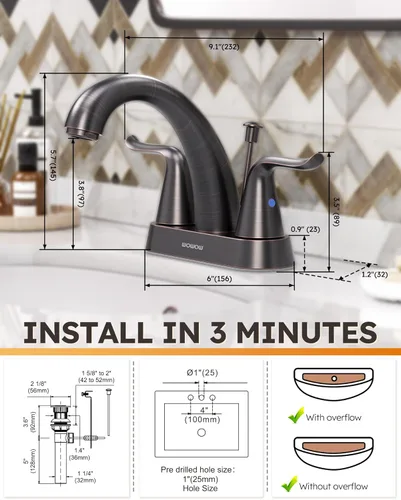 Miniatura 7 de WOWOW Grifo de Baño de 4 Pulgadas Centerset Bronce Frotado con Aceite Grifo de Lavabo de Baño Varilla de Elevación Ensamblaje de Drenaje Grifos