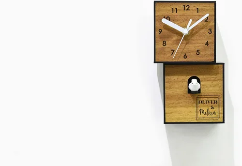 Miniatura 2 de Modern Cuckoo Bird Clock - Solid Wood - Wooden Wall/Table Clock - Minimalist Wall Art - Contemporary Decor - City Two Story Square (Modern Frame)