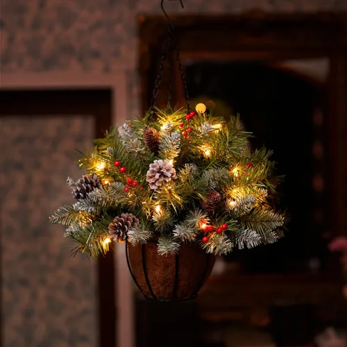Miniatura 2 de ANOTHERME Canasta Colgante de Navidad Artificial Pre-Iluminada de 18 pulgadas, Pre-iluminada con 30 Luces LED Operadas por Batería, Decoración