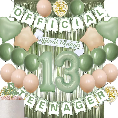 Kit de decoración de cumpleaños de 13 años de color verde salvia, pancarta oficial para adolescentes, decoración de pastel, globos verdes,