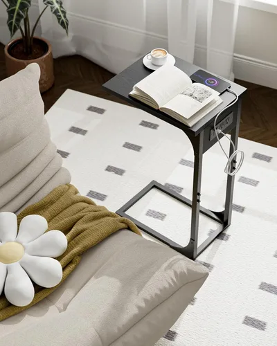 Miniatura 8 de Mesa auxiliar en forma de C para sofá, soporte de café pequeño, bandeja de sofá con marco de metal, parte superior de madera impermeable resistente