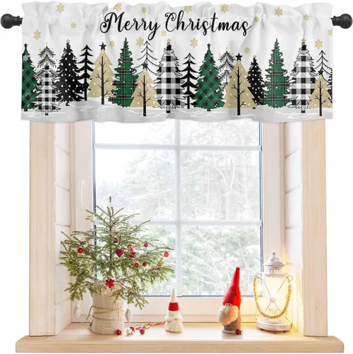Miniatura 10 de Cenefa de Navidad para Ventanas Cortinas de Árbol de Navidad Alegre Cenefas con Bolsillo para Barra Cenefa Tratamientos para Ventanas Cuadros Árbol