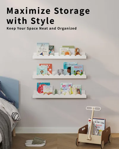 Miniatura 6 de G&W Gruwald Juego de 3 estantes para libros de guardería, decoración de guardería para bebés y niños pequeños, estantes festoneados, estante