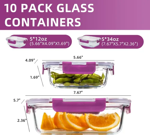 Miniatura 2 de UMEIED - Paquete de 10 recipientes de vidrio para almacenamiento de alimentos con tapas, recipientes herméticos sin fugas para comidas preparadas
