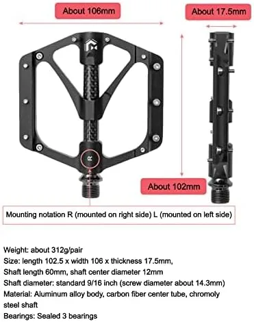 Miniatura 7 de GORIX Pedales planos de bicicleta CNC ancho 3 cojinetes tubo central de fibra de carbono ligero con pin antideslizante Spike Road Mountain MTB