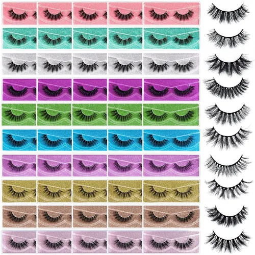 FARRED - Pestañas postizas esponjosas, dramáticas, a granel, mix de 10 estilos, paquete de 50 pares, en cajas individuales, 10-18mm de volumen,