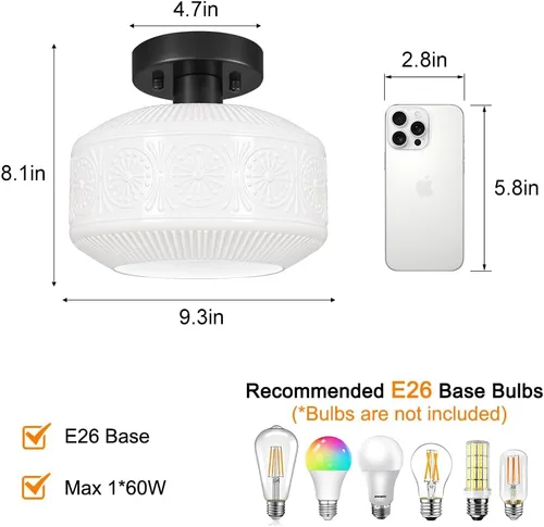 Miniatura 8 de DSMJFU - Lámpara de techo semiempotrada negra, lámpara de techo pequeña vintage, accesorio de iluminación de pasillo de vidrio blanco grueso, luz