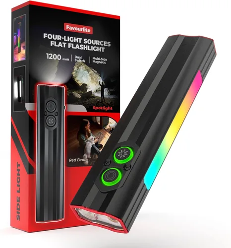 Favourlite Linterna plana recargable, 1200 lúmenes, luz de trabajo magnética de bolsillo con clip, luz lateral RGB y haz rojo, 4 fuentes de luz para