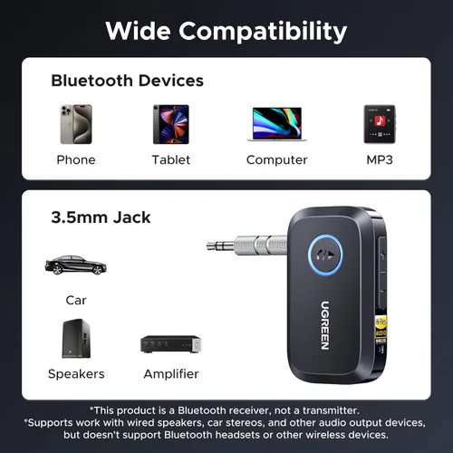 Miniatura 9 de UGREEN Receptor Bluetooth 6.0 para Auto con LDAC, Adaptador Bluetooth AUX de 3.5mm con Cancelación de Ruido AI para Auto, Receptor de Audio