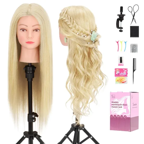 Miniatura 8 de Cabeza de maniquí con 80% de cabello humano de 26-28 pulgadas, cabeza de práctica de maniquí de cosmetología con cabello humano, cabeza de muñeca