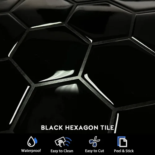 Miniatura 6 de Azulejos hexagonales negros para despegar y pegar, 12 x 12 pulgadas, adhesivo 3D autoadhesivo para pared de cocina y baño (10 hojas)
