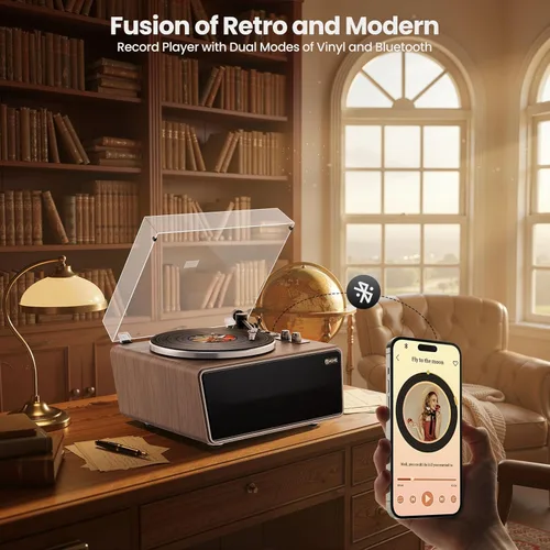 Miniatura 11 de Tocadiscos de vinilo todo en uno, tocadiscos Bluetooth integrado con 4 altavoces estéreo, preamplificador de teléfono, tocadiscos de alta fidelidad
