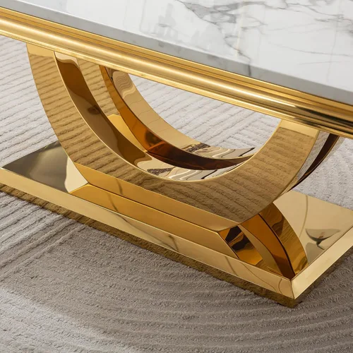 Miniatura 6 de SSLine Mesa de Centro Rectangular de Mármol Sintético para Sala de Estar, Mesa Central Moderna de Mármol Blanco de Lujo con Base Doble en Forma de U