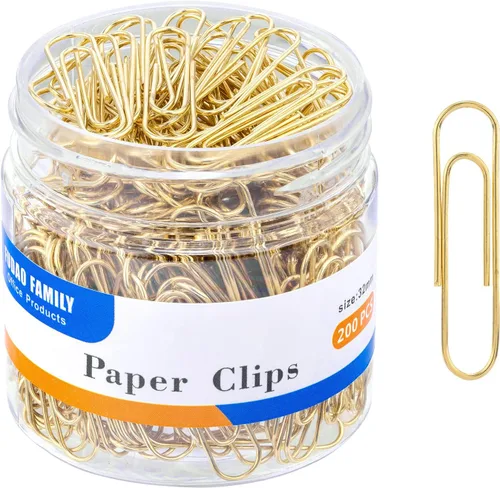 FUDAO FAMILY Clips de papel medianos, 200 unidades, clips de papel, clips de papel dorados, clip de papel de 1.3 pulgadas (1.260 in)