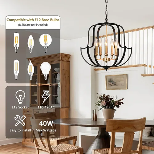 Miniatura 2 de Lámpara de araña negra y dorada de 19" para comedor, lámparas de araña rústicas de granja de 5 luces, luz colgante industrial moderna para cocina