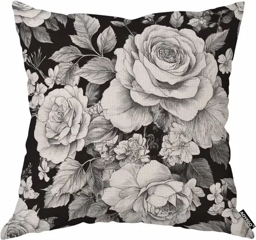 AOYEGO Funda de almohada con diseño de rosas blancas y negras, ramo de flores, plantas botánicas, hojas naturales, flores silvestres, pétalos,