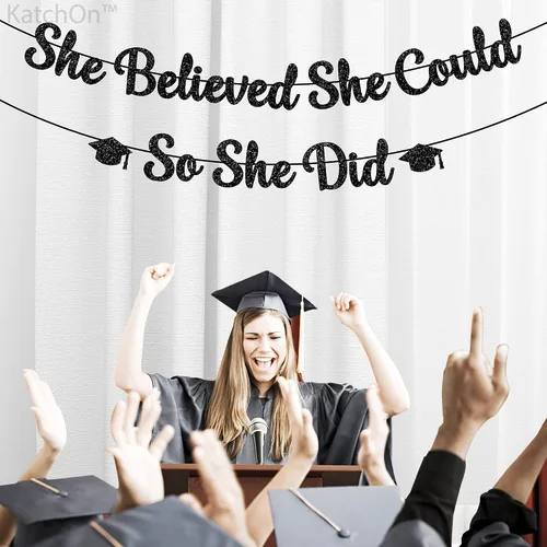 Miniatura 7 de KatchOn, Cartel de She Believed She Could So She Did, con purpurina, 10 pies, sin bricolaje, pancarta negra para decoraciones de graduación 2026