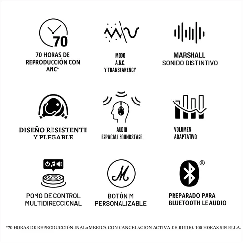 Miniatura 11 de Marshall Monitor III A.N.C. Auriculares Bluetooth Over-Ear – Cancelación activa de ruido con micrófono Más de 100 horas de tiempo de reproducción