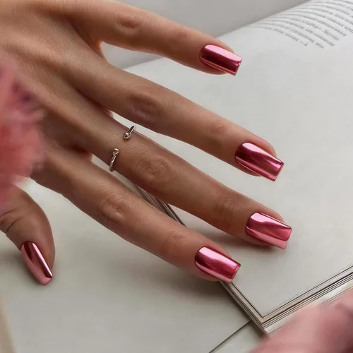 Miniatura 27 de Uñas Postizas Cuadradas de Cromo Púrpura Cortas Medianas para Presionar, KQueenest Uñas Acrílicas Falsas de Plateado Metálico Espejo para Presionar