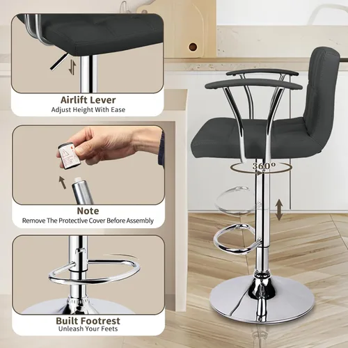Miniatura 5 de ERGOSEAT Juego de 2 taburetes de bar, taburetes giratorios ajustables con reposabrazos y respaldo, taburetes de bar de altura de mostrador de cuero