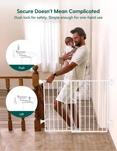 Miniatura 5 de Babelio Puerta de seguridad para bebés para escaleras, cocina y puertas, sin barra inferior, fácil instalación, operación con una sola mano, cierre