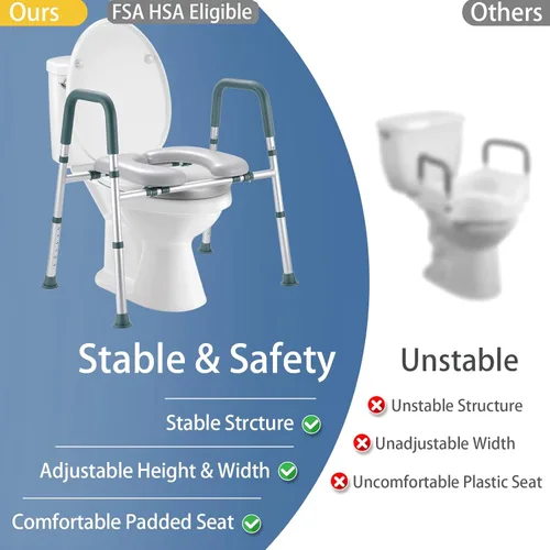 Miniatura 6 de Asiento de inodoro elevado con asas, elevador de asiento de inodoro elegible para personas mayores con altura y ancho ajustables, asiento de inodoro
