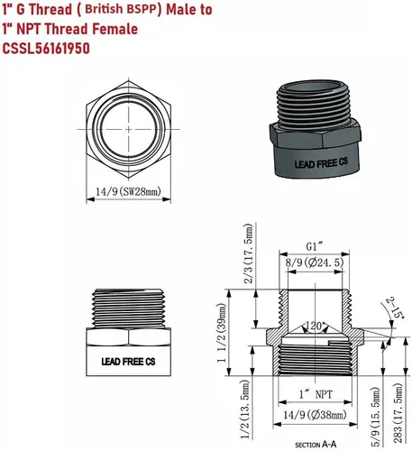 Miniatura 5 de Adaptador de latón sin plomo Cascada, rosca G británica BSPP macho a NPT hembra (1" x 1" (1 pieza))