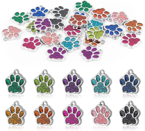 Miniatura 9 de AUEAR, Dijes con estampado de pata de perro y gato de animales, cuentas de cristal, botón a presión de huella de purpurina para collar y pulsera