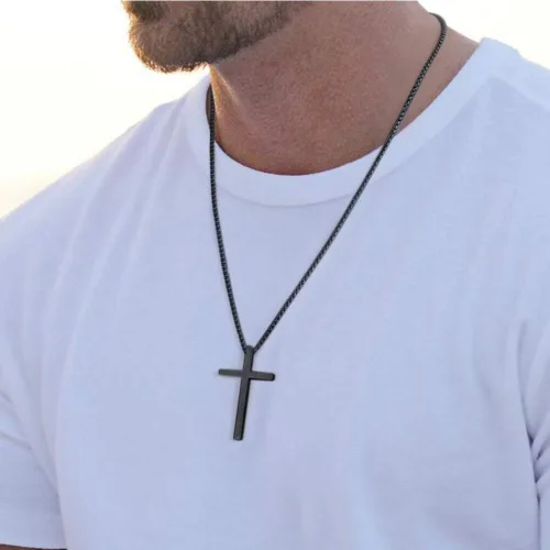 Miniatura 2 de Ursteel - Collar con dije de cruz de acero inoxidable para hombre, cadena de eslabones cuadrados de 16 a 30 pulgadas, color plateado, negro, dorado