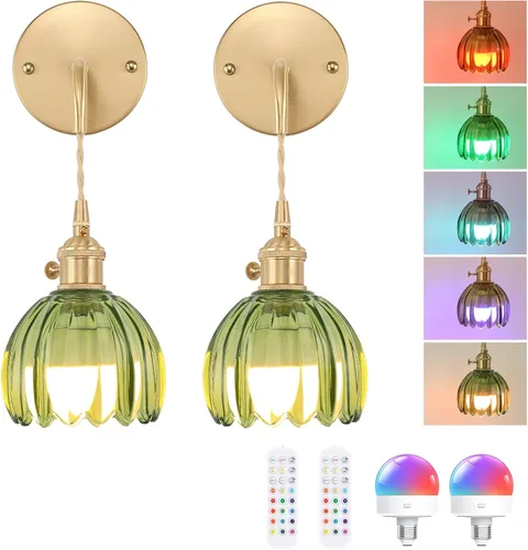 Miniatura 18 de Shenmoyl Candelabro de Pared Operado por Batería con Soporte de Cadena Ajustable, Patrón de Tulipán Verde, Vidrio con Diseño Retro en Oro, Lámpara